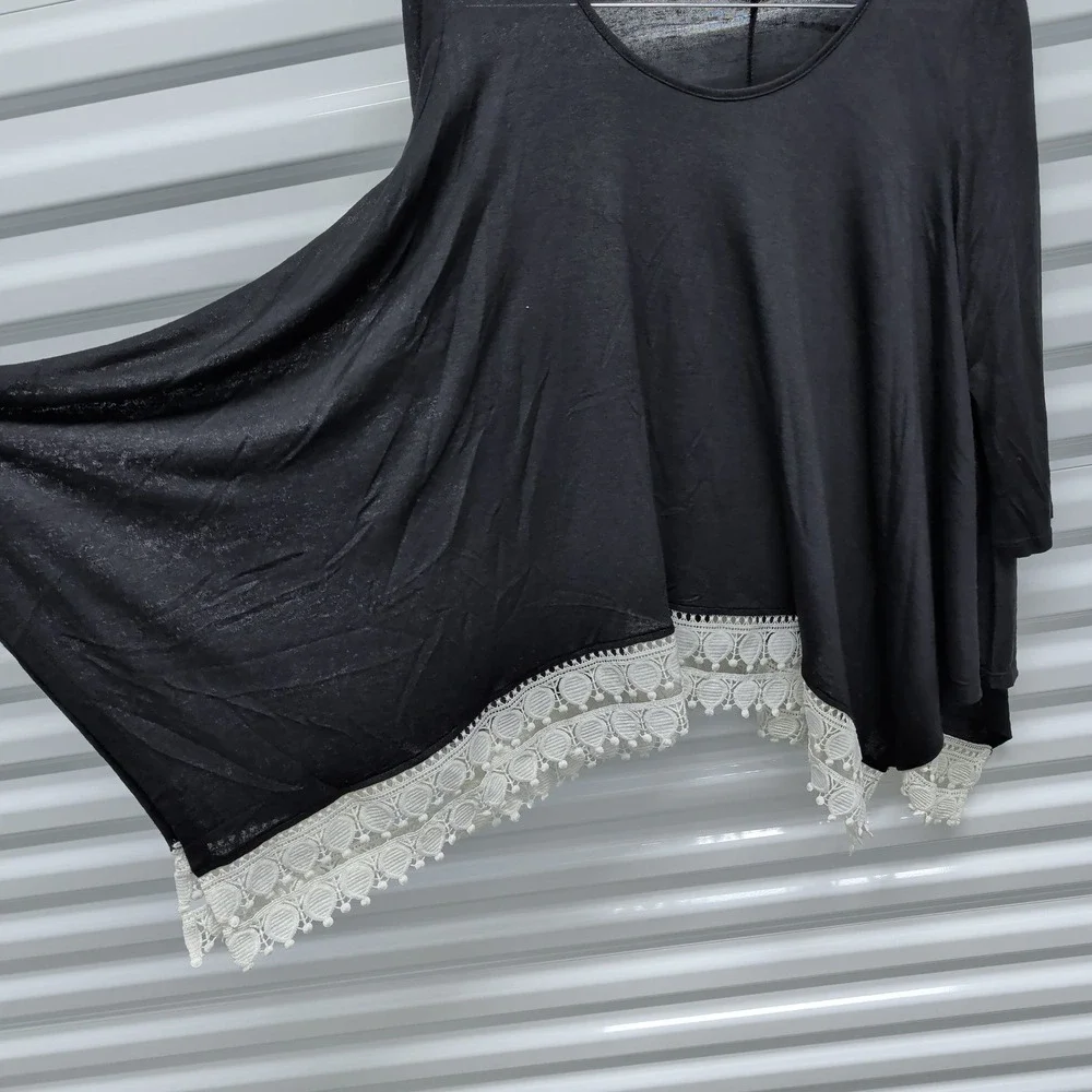 Jodifl‎ Size S Women Black Boho Crochet Lace Trim Tunic Top 3/4 Sleeve JT1057-1